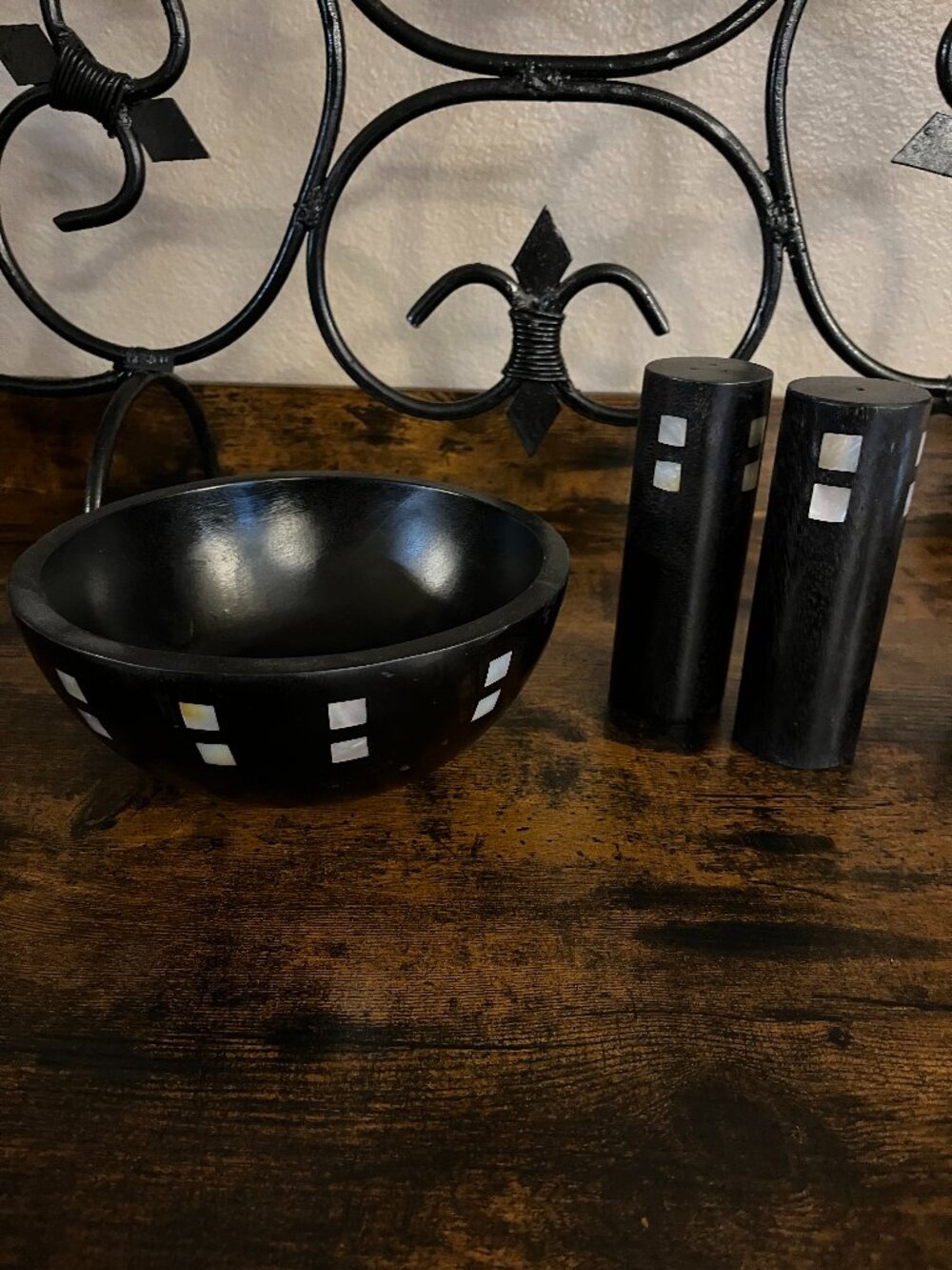 Vintage Philippine Wood Bowl & Salt Pepper Shaker Set with Capiz Inlay